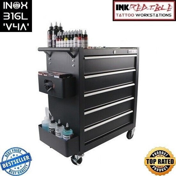 Tattoo Studio Work Station mit Edelstahl Arbeitsplatte und Magnet Halter Set