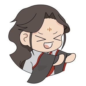 Puede incluir: Una ilustración de dibujos animados de una persona con cabello negro largo, vistiendo una túnica blanca y roja con detalles negros. La persona sonríe con los ojos cerrados y tiene un símbolo rojo y naranja en la frente.