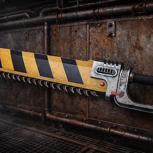 May include: A large, industrial-style sword with a yellow and black striped blade. The handle is black with a silver guard and accents. The blade has a serrated edge, and the overall design suggests a weapon or prop.
