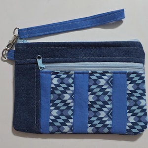 Handmade Denim Double Zipper Wristlet Pouch, Blue Geometric Diamond Patchwork Clutch Bag
