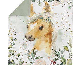 Paneel babystof paard: katoenen keperstof met bloemen en aquarel voor quilten