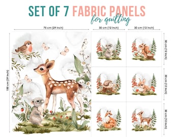 Woodland Animals Cotton Fabric Panels for Quilting, Deer, Fawn