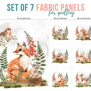 Woodland Animals Set of 7 Fabric Panels, Forest Animals Fabric Panel, Cotton Baby Fabric for Quilting, Quilting fabric, Baby Fabric Panel