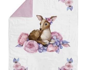 Baby Deer Cotton Fabric Panel for Quilting, Sewing Projects & Nursery Decor, Floral Fawn Fabric