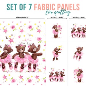 Cute Bear Ballerina Cotton Fabric Panels, Quilting Fabric, Cotton Panel Set, Baby Fabric for Quilting, Quilting fabric, Baby Fabric Panel