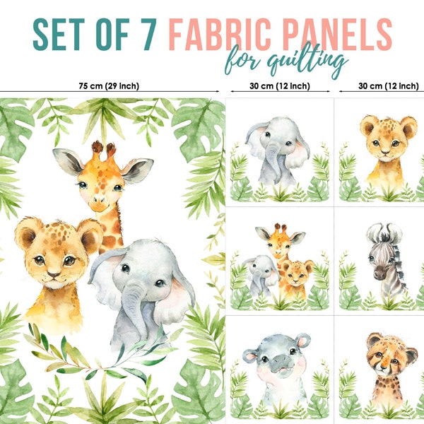 Ensemble de 7 panneaux de tissu Safari dans la jungle, panneaux de tissu de bébés animaux, panneau en coton, tissu pour quilting pour bébés, tissu de courtepointe, panneau de tissu pour bébé