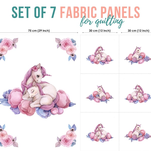 Mom's Love Unicorn Set of 7 Fabric Panels, Quilting Fabric, Cotton Panel Set, Baby Fabric for Quilting, Quilting fabric, Baby Fabric Panel