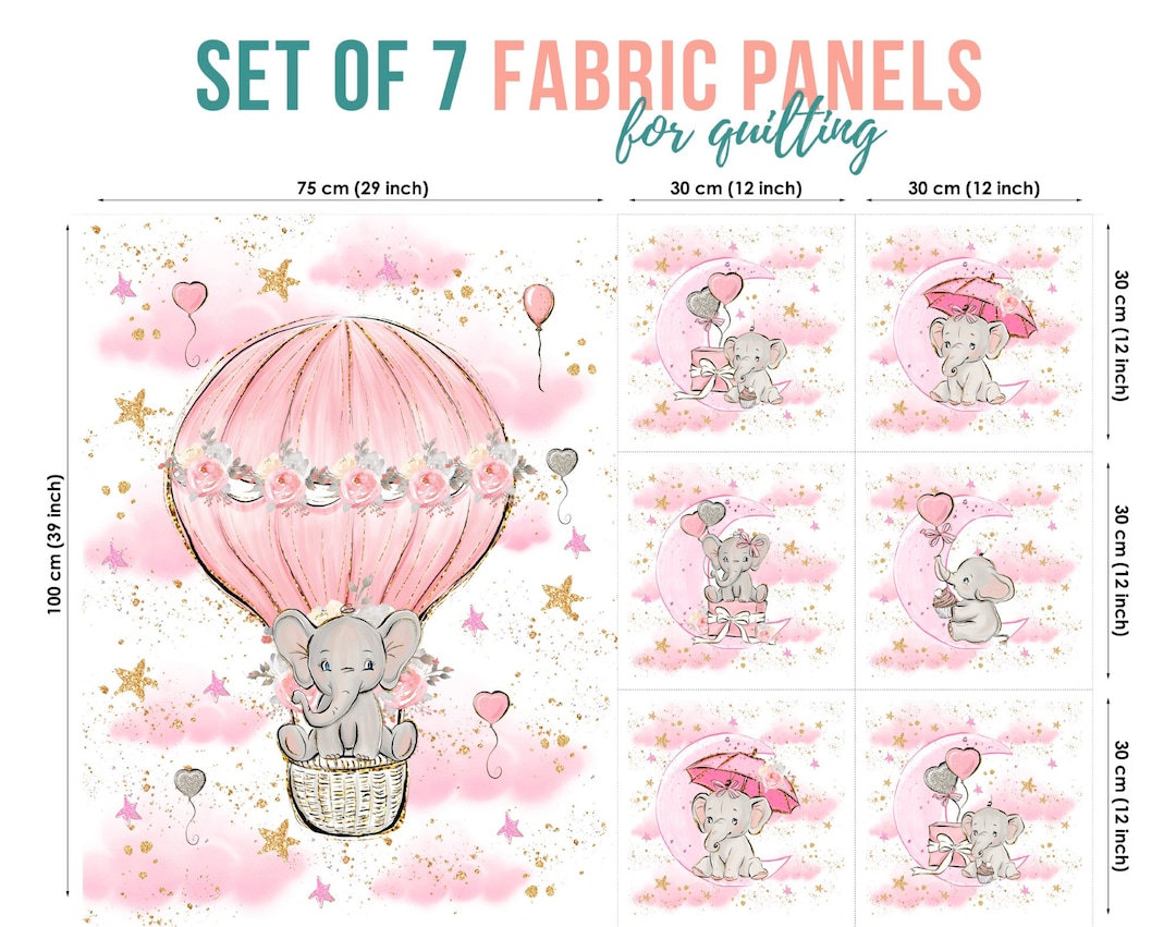 Baby Elephant Cotton Fabric Panels, Quilting Fabric Set, Cotton Panel