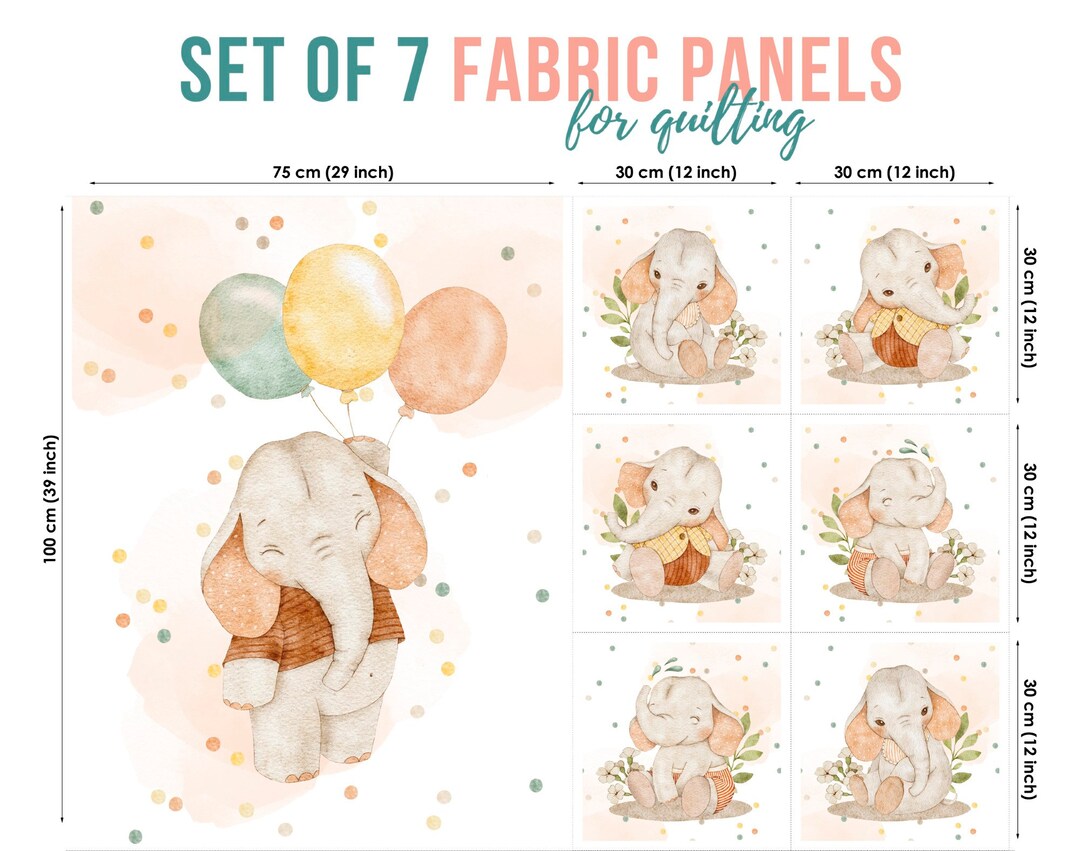 Baby Elephant Cotton Fabric Panels, Quilting Fabric Set, Cotton Panel
