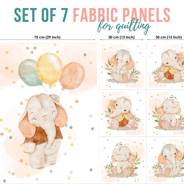 Baby Elephant Set of 7 Fabric Panels, Quilting Fabric Set, Cotton Panel Set, Baby Fabric for Quilting, Quilting fabric, Baby Fabric Panel