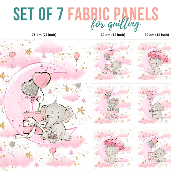 Baby Elephant Set of 7 Fabric Panels, Quilting Fabric Set, Cotton Panel Set, Baby Fabric for Quilting, Quilting fabric, Baby Fabric Panel