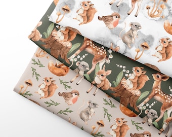 Woodland Animals Cotton Twill Fabric for Quilting, Bedding, By Half Yard - 57" Wide