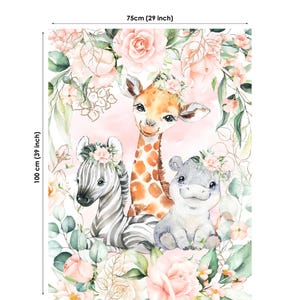 Panneau de tissu en coton Animaux safari de la jungle - Girafes, hippopotames et zèbres avec roses - Tissu de courtepointe à fleurs
