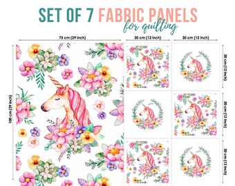 Floral Unicorn Cotton Fabric Panel for Quilting & Sewing Projects