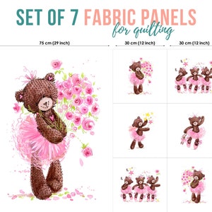Cute Bear Ballerina Cotton Fabric Panels, Quilting Fabric, Cotton Panel Set, Baby Fabric for Quilting, Quilting fabric, Baby Fabric Panel