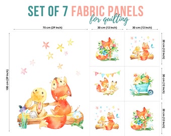 Niedlicher Baby Fuchs, Hase Set von 7 Stoff Panels, Quilten Stoff, Baumwolle Panel Set, Baby Stoff zum Quilten, Quilten Stoff, Baby Stoff Panel