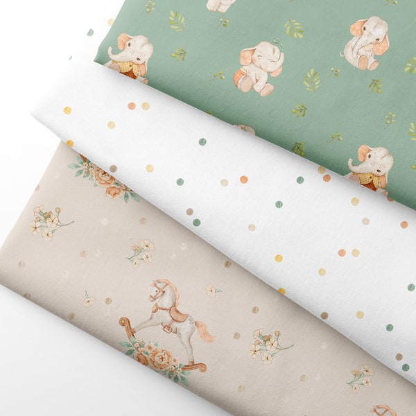 Baby Elephant Fabric, Premium Sateen, Fabric by Half Meter (0.55 Yard) - 100% Cotton - 58" wide 147 cm