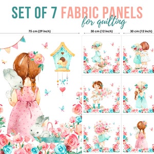 Little Girls Flowers Cotton Fabric Panels, Quilting Fabric, Cotton Panel Set, Baby Fabric for Quilting, Quilting fabric, Baby Fabric Panel