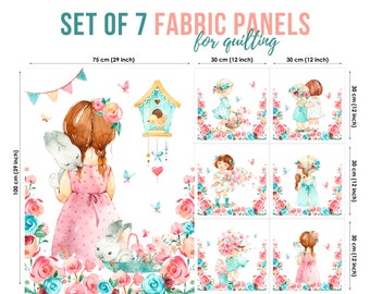 Little Girls Flowers Cotton Fabric Panels, Quilting Fabric, Cotton Panel Set, Baby Fabric for Quilting, Quilting fabric, Baby Fabric Panel