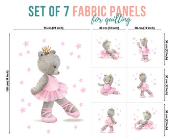 Bear Ballerina Set van 7 stoffen panelen, quiltstofset, katoenen paneelset, babystof voor quilten, quiltstof, babystofpaneel