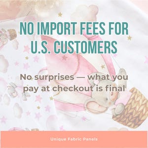 The image is a promotional graphic for a fabric panel company, stating that no import fees will be charged to U.S. customers, and that the final price at checkout is final.