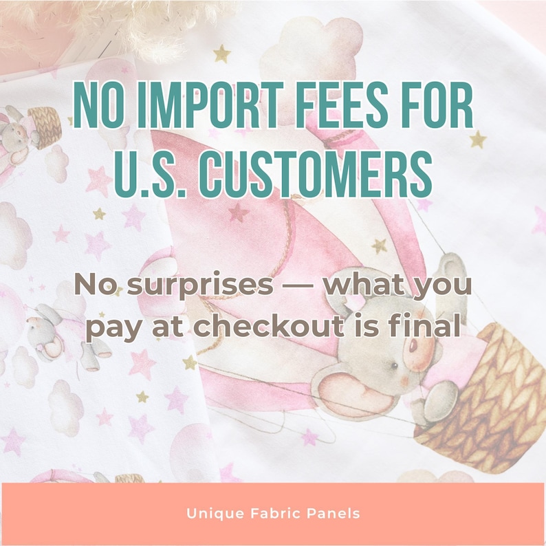 The image is a promotional graphic for a fabric panel company, stating that no import fees will be charged to U.S. customers, and that the final price at checkout is final.