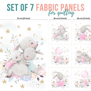 Cute Baby Bunny Set of 7 Fabric Panels, Quilting Fabric Set, Cotton Panel Set, Baby Fabric for Quilting, Quilting fabric, Baby Fabric Panel