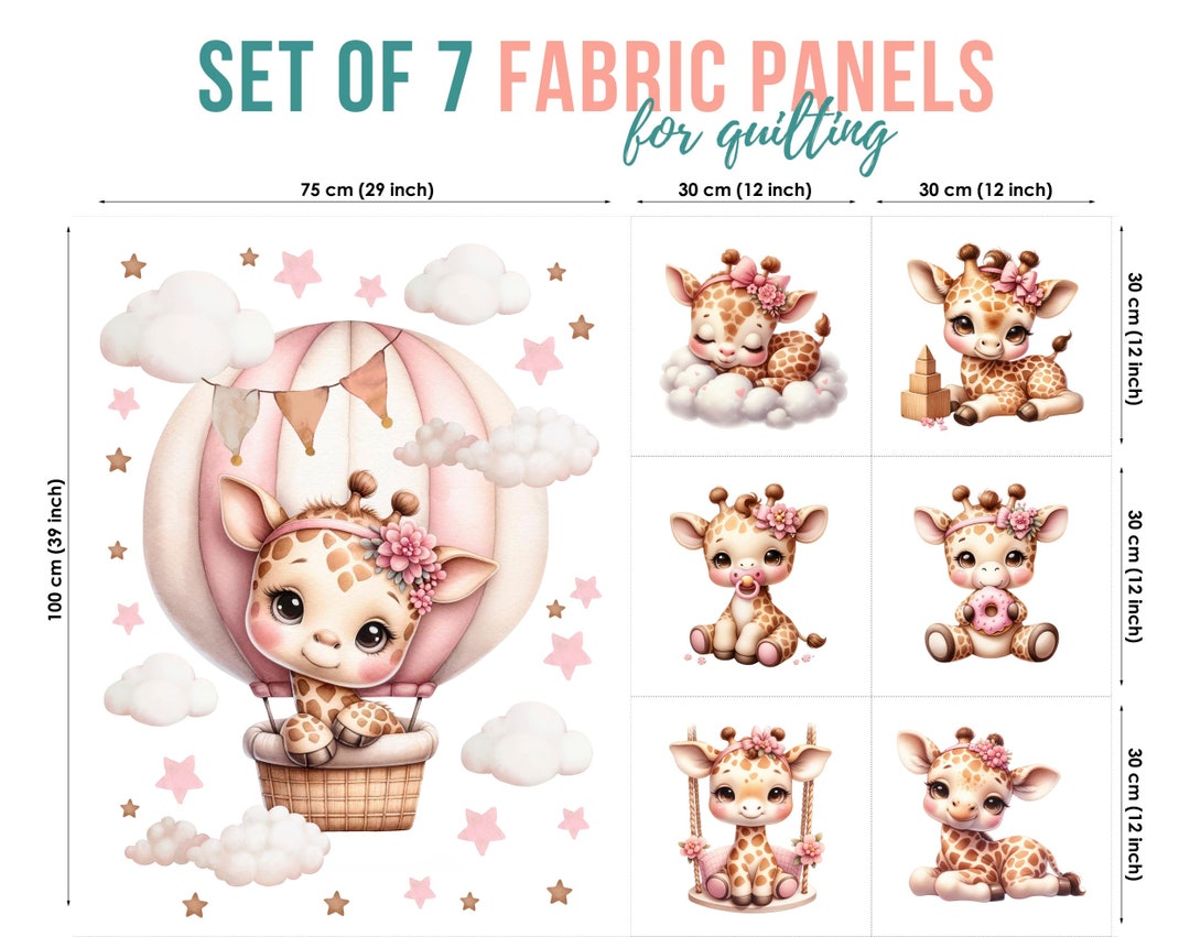 Cute Baby Giraffe Cotton Fabric Panels, Baby Animals Fabric Panel