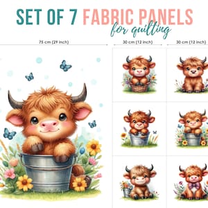 Highland Cow Fabric Panels for Quilting, Nursery Decor, Sewing Projects, Calf Fabric, 100% Cotton