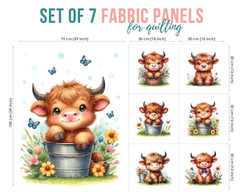 Highland Cow Fabric Panels for Quilting, Nursery Decor, Sewing Projects, Calf Fabric, 100% Cotton
