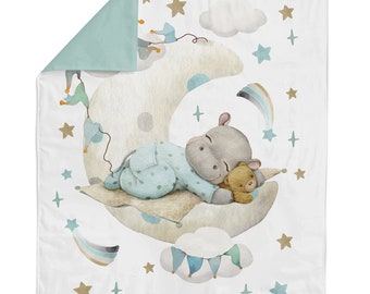 Cute Baby Hippo Fabric Panel for Quilting, Baby Fabric Panel, Cotton Fabric Panel for Baby Quilts, Quilting Panel, Blanket Panel