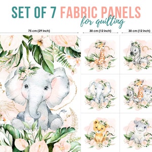 Jungle Safari Flowers Cotton Fabric Panels, Elephant Fabric Panel, Baby Fabric for Quilting, Quilting fabric, Baby Fabric Panel