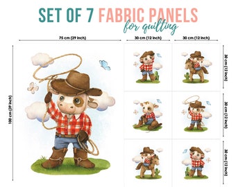 Kleine Cowboy Set van 7 stoffen panelen, quiltstofset, katoenen paneelset, babystof voor quilten, quiltstof, babystofpaneel