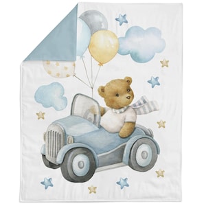 Panel de tela de algodón con diseño de oso de peluche en un coche para patchwork.