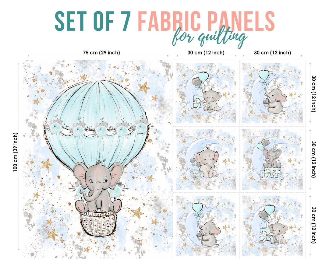 Baby Elephant Cotton Fabric Panels, Quilting Fabric Set, Cotton Panel