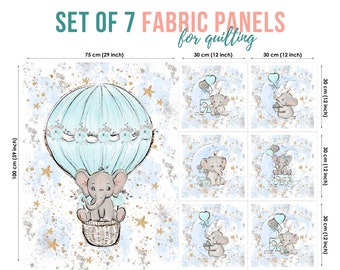 Baby Elephant Cotton Fabric Panels, Quilting Fabric Set, Cotton Panel Set, Baby Fabric for Quilting, Quilting fabric, Baby Fabric Panel