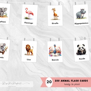 Cartões flash de animais do zoológico para impressão para crianças - 20 cartões educativos (pequenos e grandes)