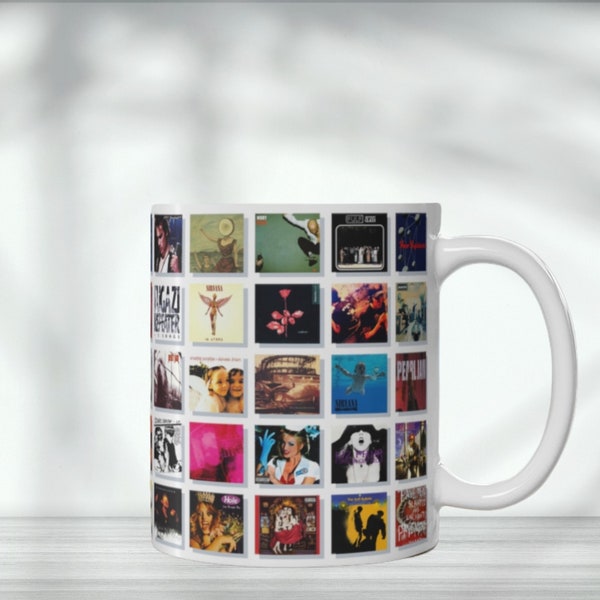 Iconic 90s Alternative Rock Album Collage Coffee Mug - 11oz - Nostalgic Retro Grunge Music, 90s Rock Gifts for Dedicated Alternative Fans