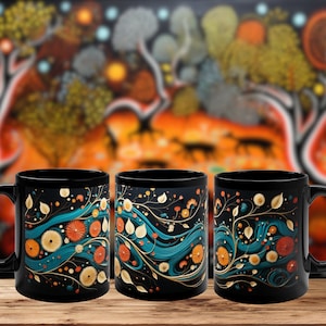Dreamtime-Inspired Aboriginal Style 11oz Black Ceramic Coffee Mug / Aboriginal Art Mug / Dreamtime Inspiration / Artistic Coffee / Gift Idea