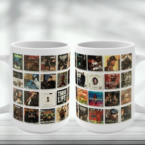 90s Vintage Hip-Hop Album Collage Coffee Mug - 15oz - Nostalgic Retro Rap Music, 90s Style Gifts for Dedicated Hip-Hop Fans