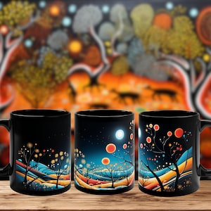 Aboriginal &#39;Dreamtime&#39; with an 11oz Black Ceramic Coffee Mug - A Canvas of Inspiration for Artistic Coffee and Wonderful Gift Ideas