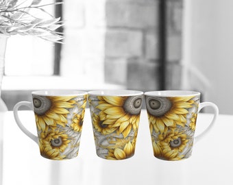 Elegant Realistic Sunflower Pattern Ceramic Latte Mug - 12oz, Ceramic Latte Mug, Sunflower Coffee Mug, Floral Ceramic Cup, Limited Edition