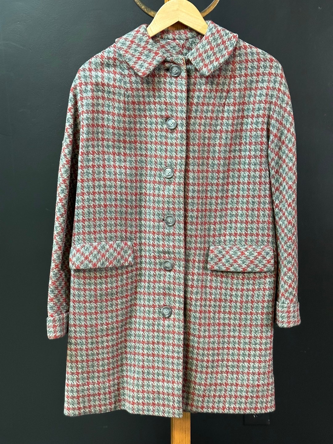 Small 1950s Wool Black White Fit & Flare Houndstooth Winter Coat Dress