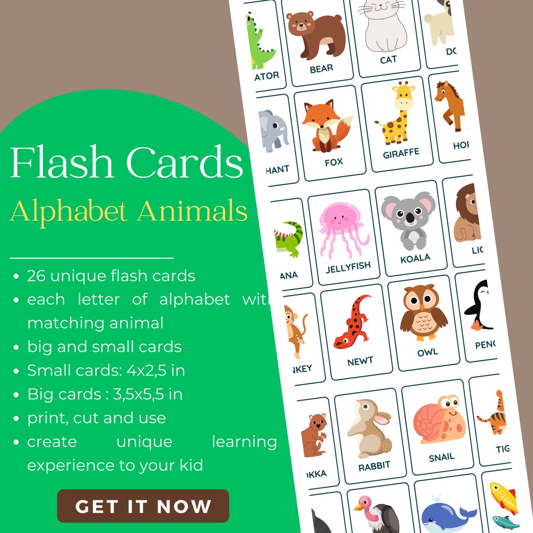 Alphabet Animals 2 Sizes Flashcards for Kids Educational ABC Learning