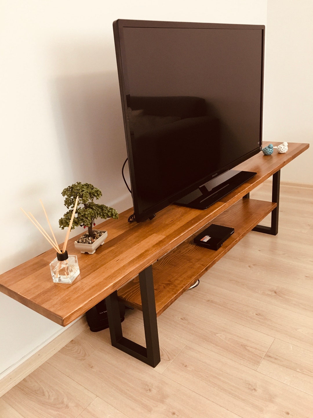 Natural Wood Television Unit With Metal Legs Special Design Etsy