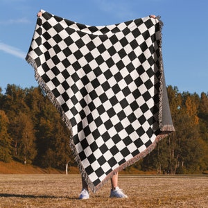 Checkered Woven Blanket, Black And White Throw Blanket Gift, Distortion Checkered Organic Tapestry, Good And Evil Picnic Blanket