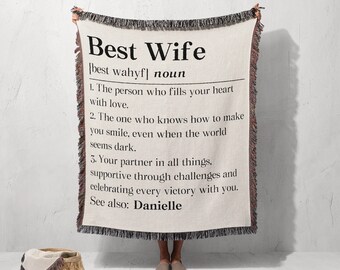 Personalized Best Wife Definition Woven Blanket, Inspirational Wife Throw Blanket Gift, Wife Appreciation Organic Tapestry