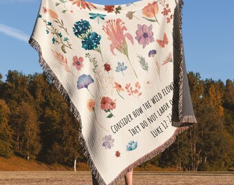 Consider How The Wildflowers Grow Woven Throw Blanket, Bible Verse Tapestry Throw Blanket Gift, Christian Tapestry Organic