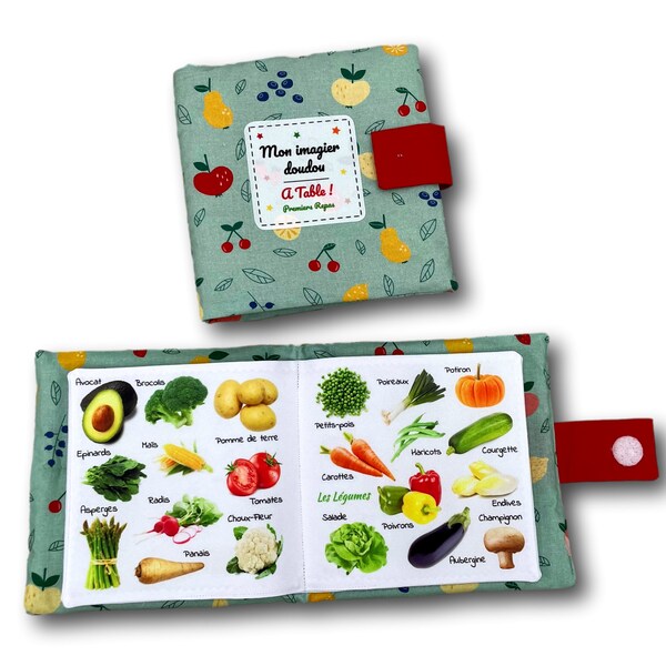 Livre d'éveil éducatif en tissu imagier photo thème repas, fruits, légumes