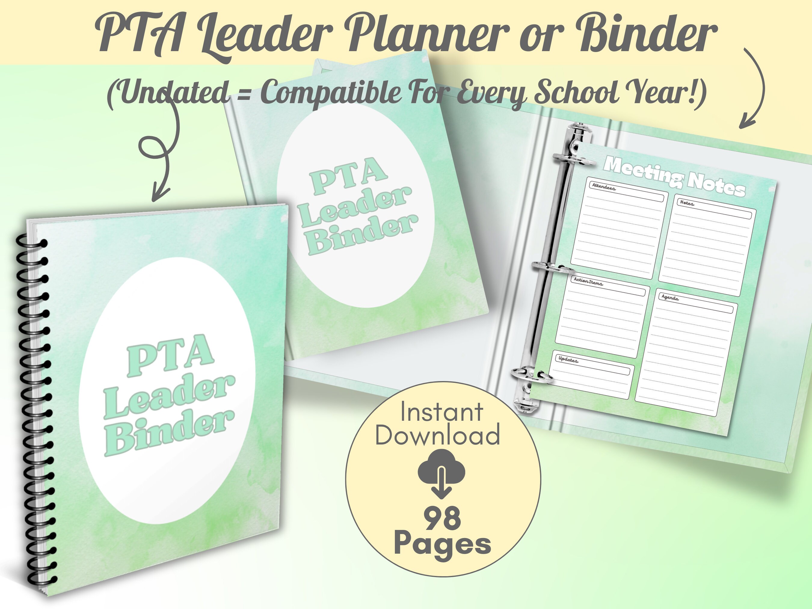 PTA Leader Planner Printable | PTA Leader Binder | Undated | Green | Pta Meeting | Pta ...
